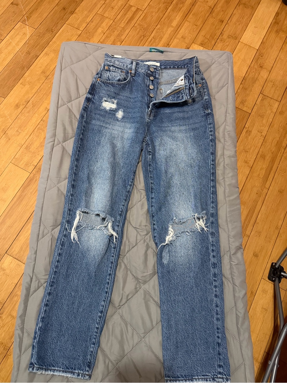PacSun Women's High-Rise Distressed Straight Jeans - Blue Denim